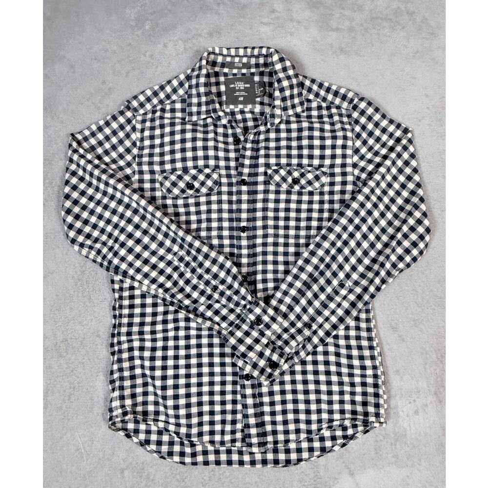 H&M L.O.G.G. Men’s S Fitted Plaid Button Up Shirt Navy Cream